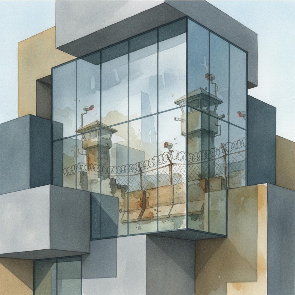 artistic representation of a modern tech office surrounded by heavy security